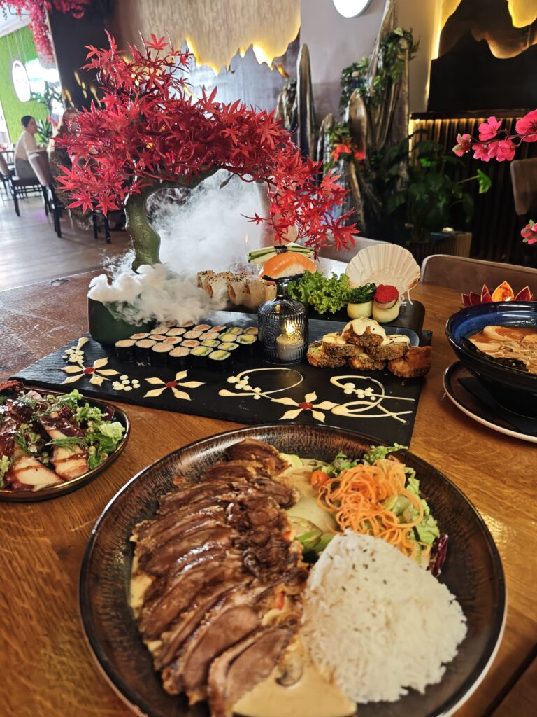 Kunstvoll angerichtete Sushi-Platte mit Vorspeisen, hausgemachtem Ramen und Grill-Spezialitäten im KIZUNAM Asian Fusion Restaurant in Bayreuth.