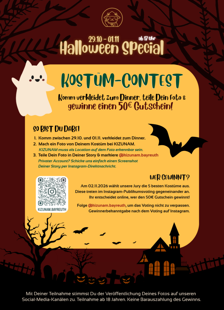 KIZUNAM Halloween Special 2026 in Bayreuth mit 5 Prozent Rabatt für verkleidete Gäste und 50 Euro Kostüm-Gutschein